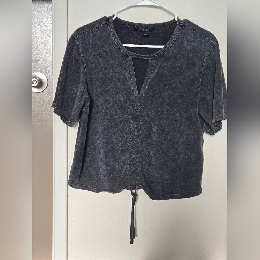 All Saints Black Washed Short Sleeve Top with Center Drawcord